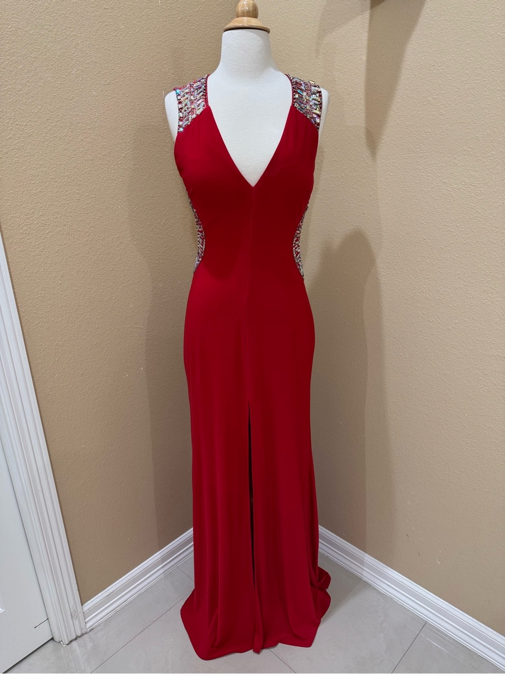 Red Beaded V-Neck Prom Gown with Side Cutouts
